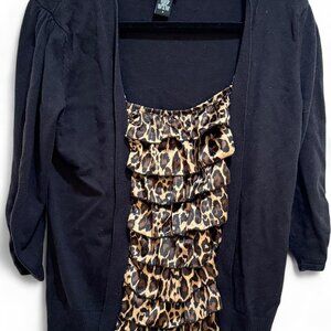 Torrid Black Sweater Cardigan Style w/Leopard Print Ruffle Top EUC